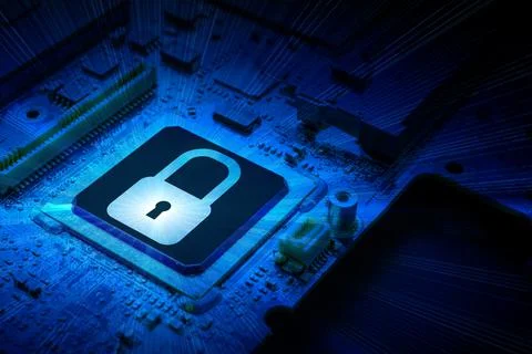 Data security. Digital computer processor chip on motherboard technology back Stock Photos