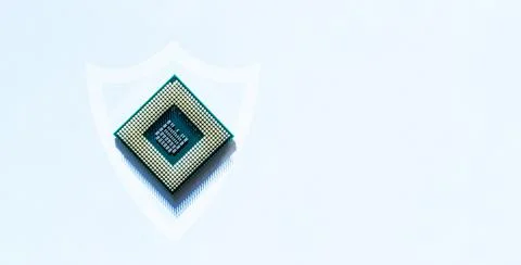 Data security. Digital computer processor, network motherboard chip on white  库存照片