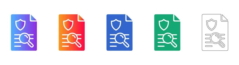 Data Security Document Icon Set with Shield and Magnifying Glass Stock Illustration