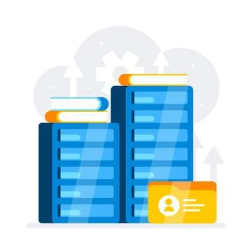 Data security featuring blue data servers, secure lock badge, and a gear cog Stock Illustration