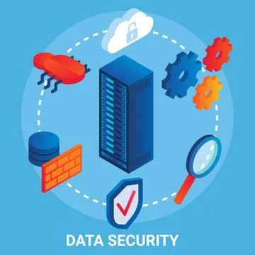 Data security flowchart, vector illustration. Isometric server rack, cloud Stock Illustration