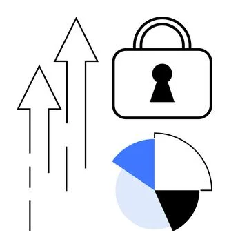 Data security growth represented by upward arrows and lock beside a pie chart Illustrazione stock