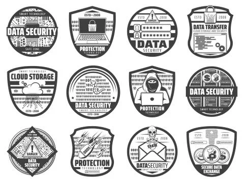 Data security, hacker attack web protection icons Stock Illustration