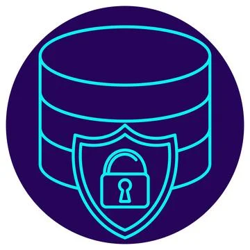 Data Security Icon. Minimalistic neon outline on a dark blue round background Illustrazione stock