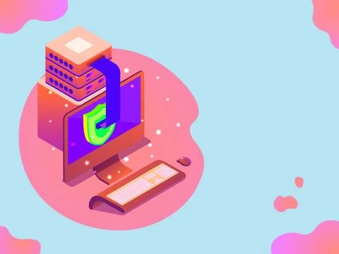Data security with isometric computer with shield connect to server on abst.. Stock Illustration