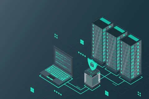 Data security isometric illustration. Illustration of a server laptop and fir Stock Illustration