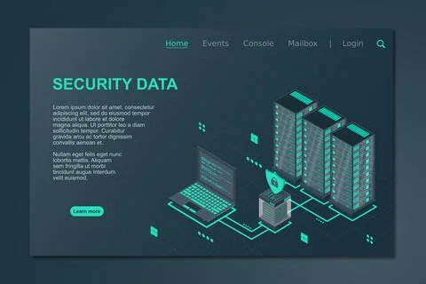 Data security isometric illustration. Illustration of a server laptop and fir Illustrazione stock