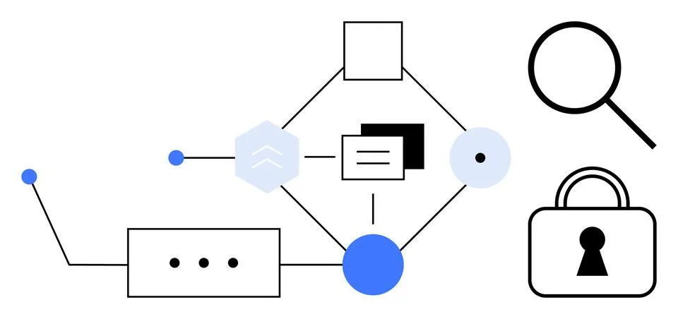 Data Security Network Connections with Magnifying Glass and Lock Elements Stock Illustration