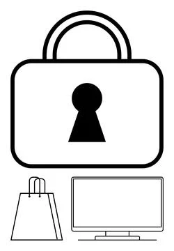 Data Security in Online Shopping Cybersecurity Icon with Lock, Shopping Bag.. Stock Illustration