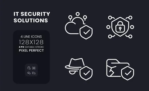 Data security solutions white linear desktop icons on black Stock Illustration
