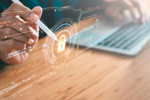Data Security system concept, Business man is logging into system and secur.. Stock Photos