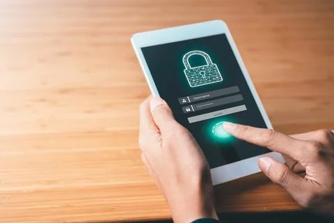 Data Security system concept, Business man use laptop with security icon sc.. Stock Photos