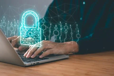 Data Security system concept, Business man use laptop with security icon sc.. Stock Photos