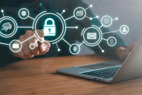 Data Security system concept, Business man use laptop with security icon sc.. Stock Photos