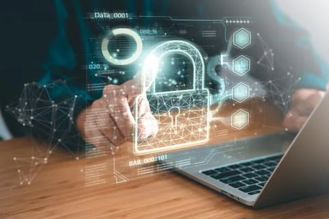 Data Security system concept, Business man use laptop with security icon sc.. Stock Photos