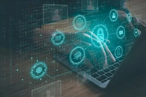 Data Security system concept, Business man use laptop with security icon sc.. Stock Photos