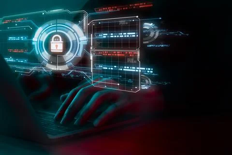 Data Security system concept, Business man use laptop with security icon sc.. Stock Photos