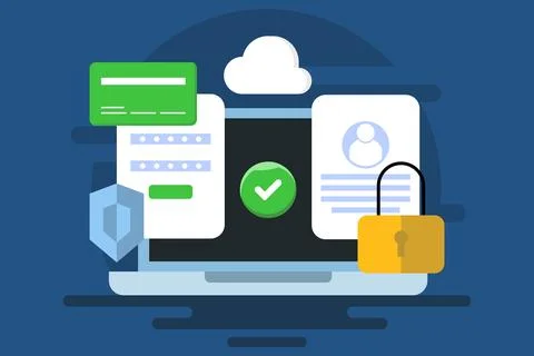 Data security system concept, Protecting data from cyber attacks, hacking. Illustrazione stock