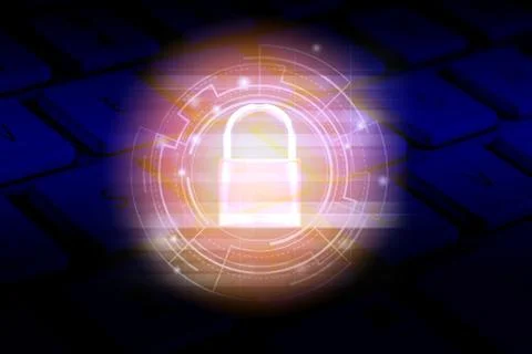 Data security systems computer with locked padlock on dark keyboard for prote Foto stock