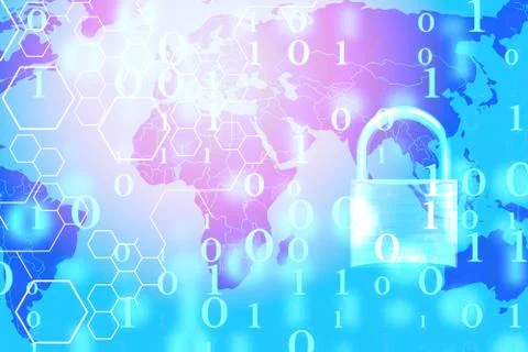 Data security systems computer with locked padlock on digital number and worl Foto stock