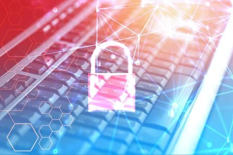 Data security systems computer with locked padlock on keyboard for protect cr Foto stock