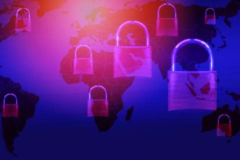 Data security systems computer with locked padlock on world map for protect c Stock Photos