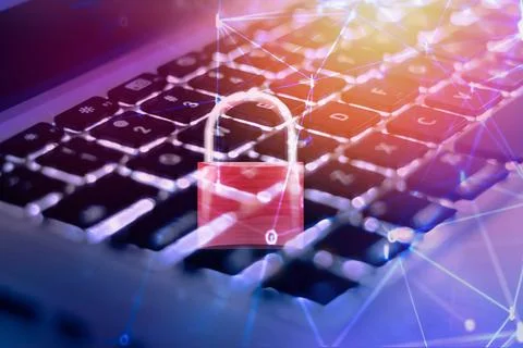 Data security systems computer with locked padlock on keyboard for protect .. Foto stock
