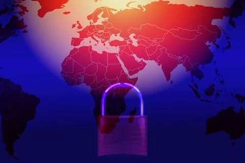 Data security systems computer with locked padlock on world map for protect.. Stock Photos