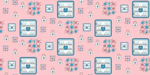 Data security technology pattern with blue icons on pink background Stock Illustration