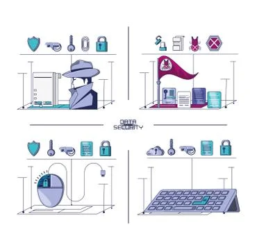Data security technology set icons 스톡 일러스트