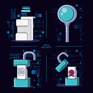 Data security technology set icons Stock Illustration