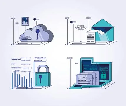 Data security technology set icons Stock Illustration