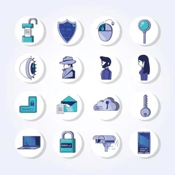 Data security technology set icons Stock Illustration