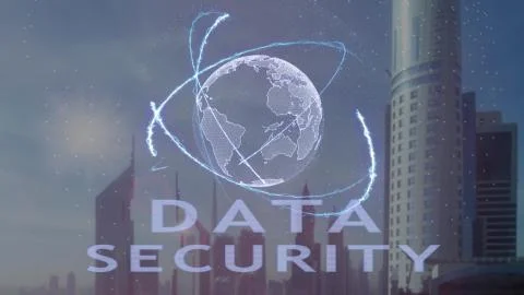 Data Security text with 3d hologram of the planet Earth against the backdrop of Stock Photos
