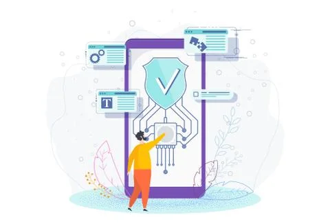 Data security. Tiny man and Biometric Fingerprint identification. Illustrazione stock