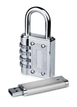 Data security Usb memory stck and combination lock isolated on white Copyr... 스톡 사진