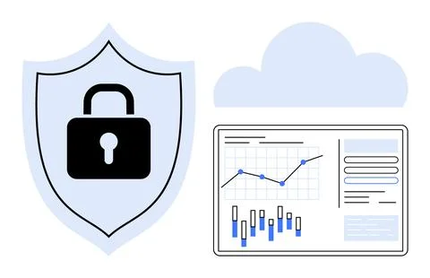 Data security visualized with shield lock symbol, cloud, and analytics dash.. Illustrazione stock