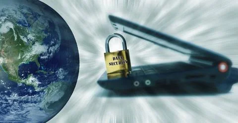 Data security in the world. Data security with laptop, locker and earth im... 스톡 사진