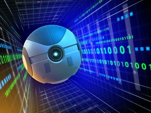 Data sentinel Spherical device travelling in a code tunnel. Digital illust... Stock-Fotos