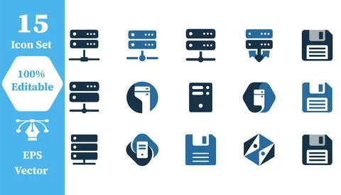 Data server and digital storage device icon set with computer, technology Stock Illustration