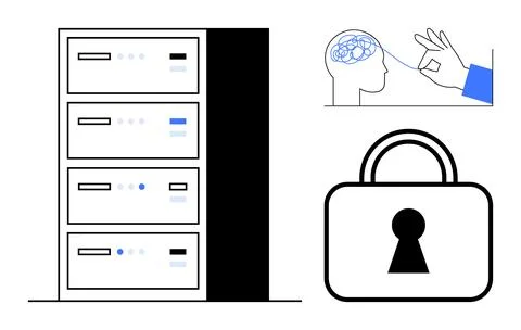 Data server, brain and hand with string, and lock icon representing cybersecu 스톡 일러스트
