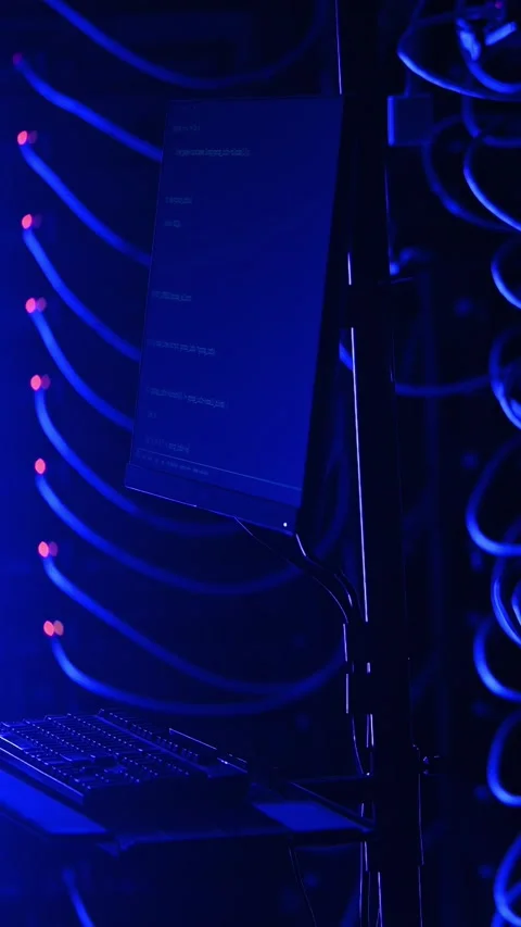 Data server computer terminal with blinking code lines in dark high tech ro.. Stock Footage 335608904