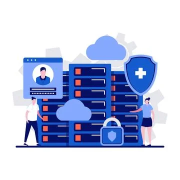 Data server concept with character. Computer information storage, hardware .. Stock Illustration