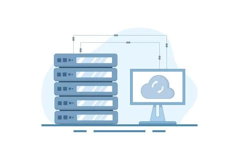 Data Server Concept . Laptop with Data Server. Cloud computing. Illustrazione stock