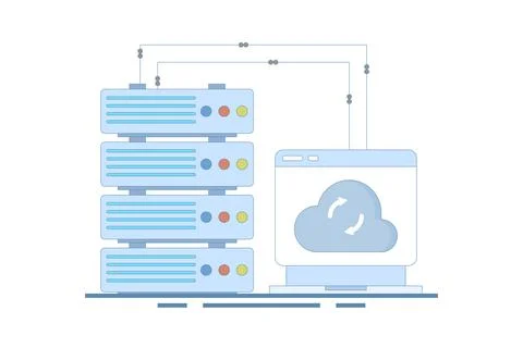 Data Server Concept. Laptop with Data Server. Cloud computing. Illustrazione stock