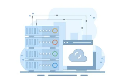 Data Server Concept. Laptop with Data Server. Cloud computing. Stock Illustration