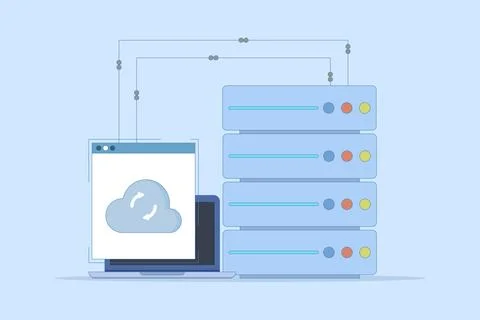 Data Server Concept. Laptop with Data Server. Cloud computing. Stock Illustration