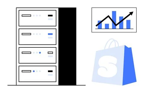 Data Server with Growth Chart and Shopping Bag Stock Illustration