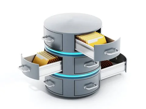 Data server with open file racks. 3D illustration Data server with open fi... Foto stock