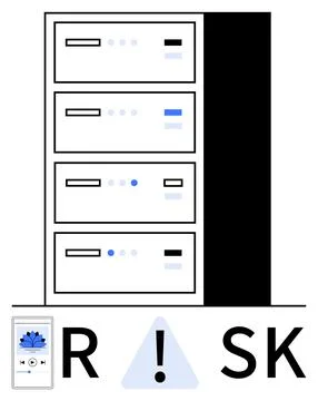 Data server rack with multiple panels and warning RISK along with integrated  Illustrazione stock